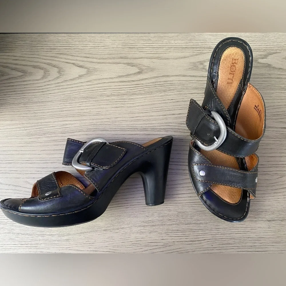 Born Celina Black Leather Heeled Sandals Size 9 Chunky Heel Buckle Mule